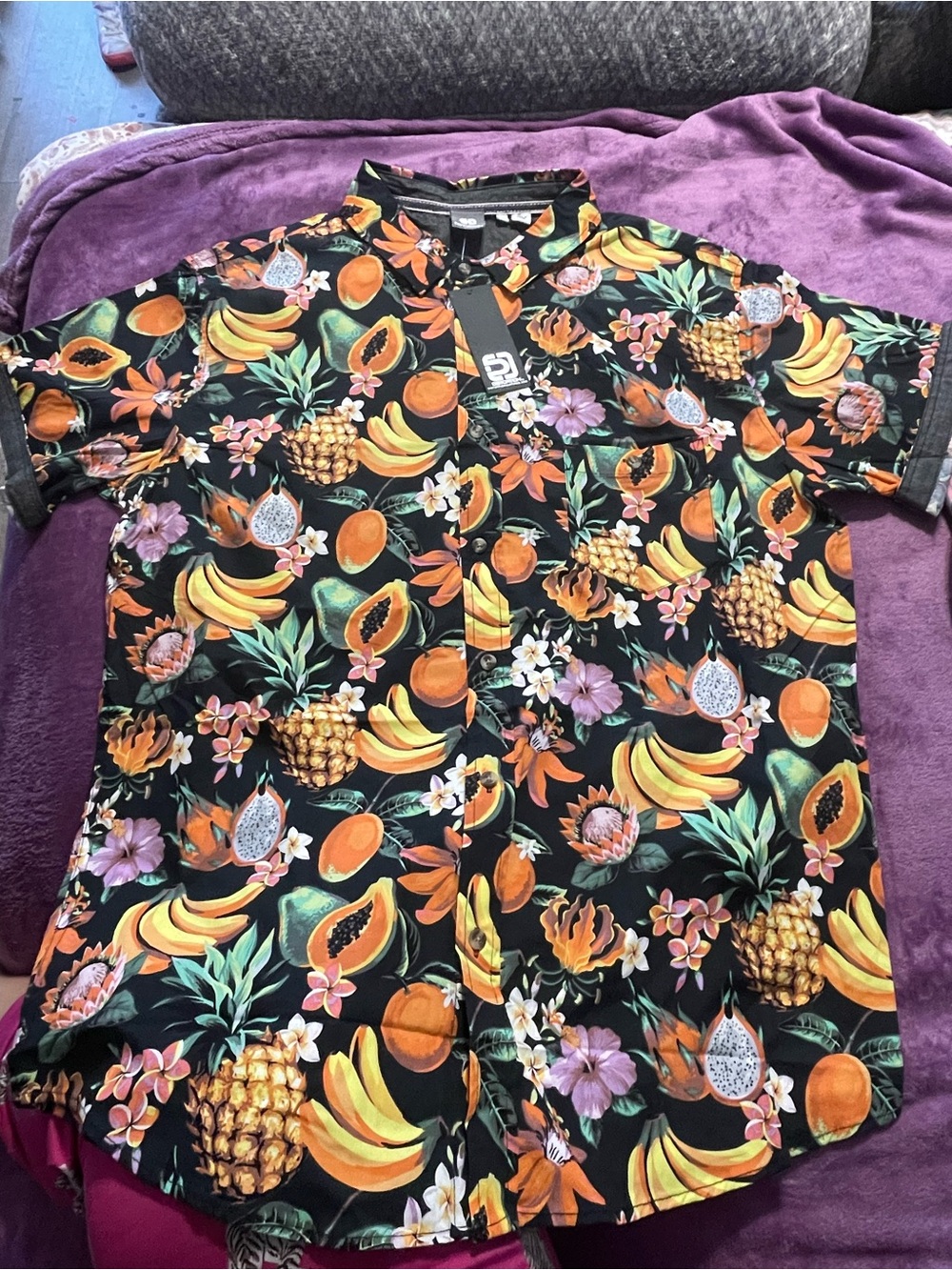 Tropical Fruit Print Short Sleeve Button-Down Shirt - Black/Orange